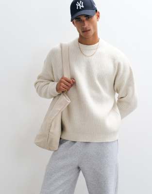 Asos Design Super Knit Wool Blend Ribbed Sweater In Neutral