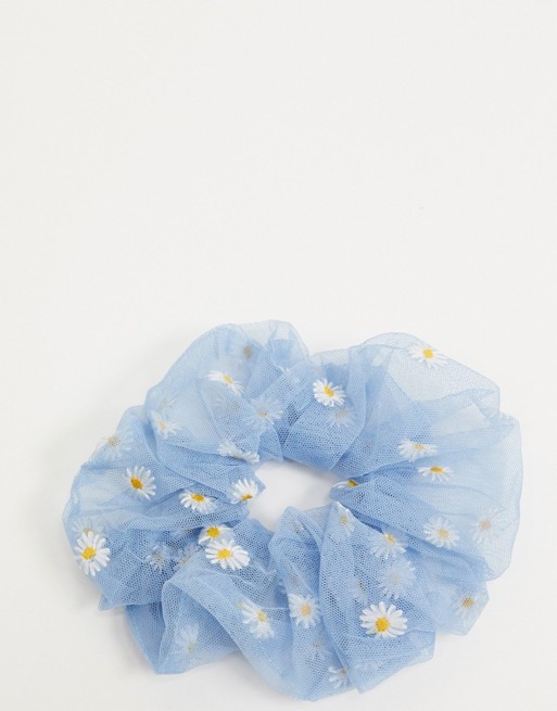 ASOS DESIGN  super large scrunchie with embroidered daisys in baby blue