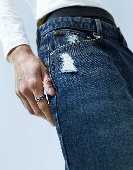 ASOS DESIGN super long length denim jorts with abrasions in vintage dark wash blue