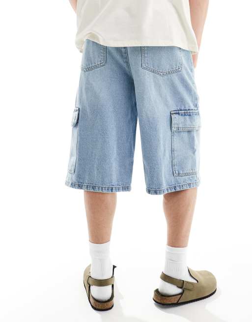 ASOS DESIGN super long length denim jorts with cargo detailing in light blue wash, 2 of 5