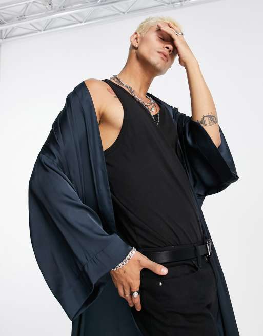 ASOS DESIGN super longline satin kimono in dark blue