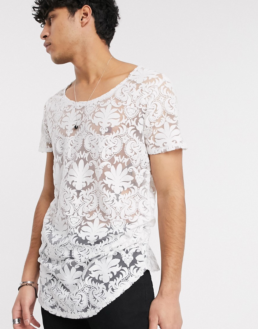 ASOS DESIGN super longline t-shirt with curved hem and scoop neck in paisley burnout-White
