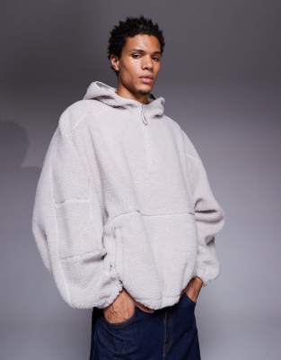 Super-Oversize-Kapuzenpullover aus Fleece in Grau mit Stehkragen und kurzem Reißverschluss Grau M