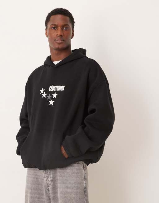 ASOS DESIGN – Super-Oversize-Kapuzenpullover in Schwarz mit Textprint auf Brust und Rücken, 3 von 5