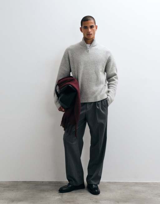 ASOS DESIGN super Oversize-Strickpullover aus Wollmix mit halbem Reißverschluss und Rippstruktur in Graumeliert, 4 von 5