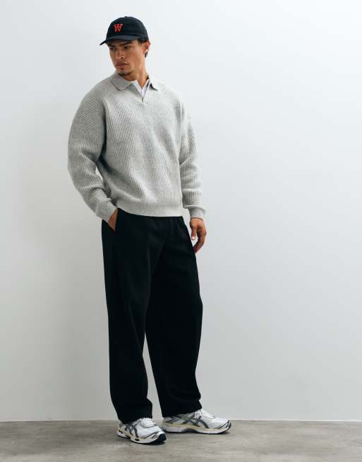 ASOS DESIGN super Oversize-Strickpullover aus Wollmix mit Rippstruktur und Schlitz am Ausschnitt in Graumeliert, 5 von 5