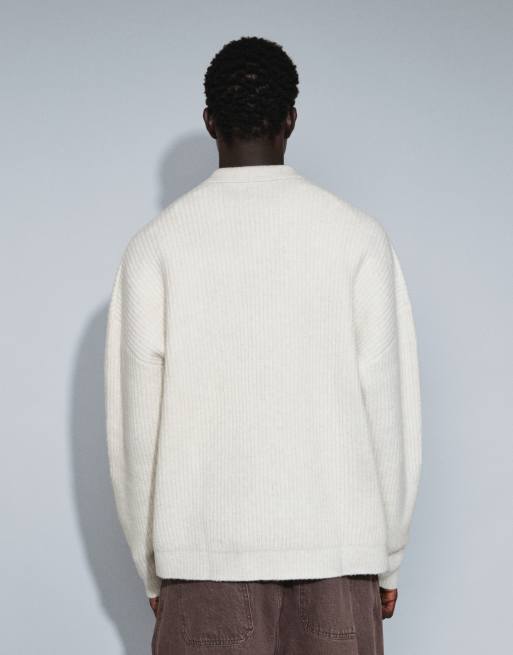 ASOS DESIGN super Oversize Strickpullover aus Wollmix mit Rippstruktur und Schlitz-Ausschnitt in Oatmeal, 4 von 5