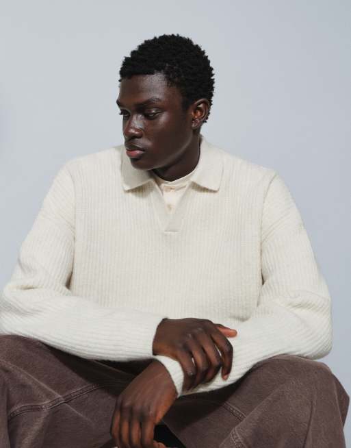 ASOS DESIGN super Oversize Strickpullover aus Wollmix mit Rippstruktur und Schlitz-Ausschnitt in Oatmeal, 5 von 5