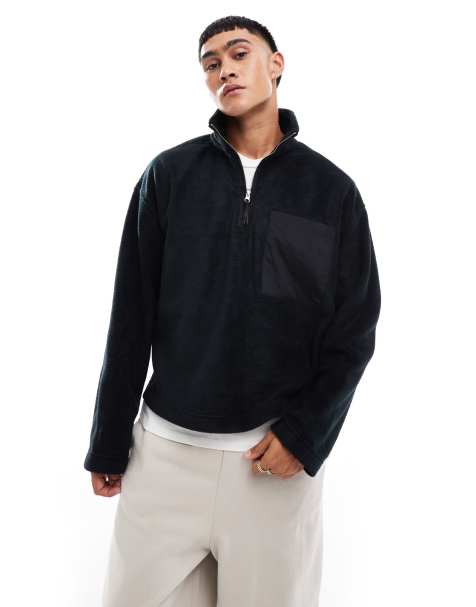 ASOS DESIGN – Super-Oversize-Sweatshirt in Schwarz aus Fleece mit kurzem Reißverschluss - view 1