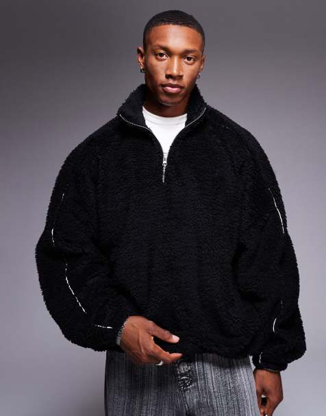 ASOS DESIGN – Super-Oversize-Sweatshirt in Schwarz aus Teddystoff mit kurzem Reißverschluss und Paspelierung - view 1