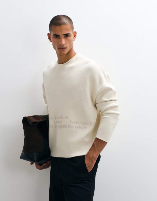 ASOS DESIGN super oversize sweter dzianinowy z okrągłym dekoltem ze wzorem w kolorze ecru