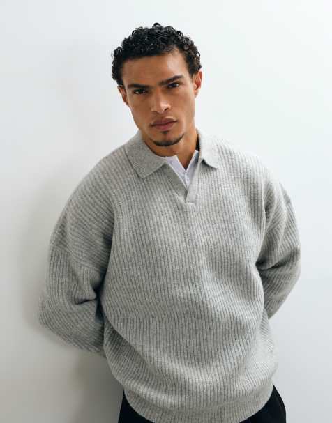 ASOS DESIGN super oversize sweter z dzianiny z mieszanki wełny w prążek z dekoltem w szpic w kolorze szarego melanżu - view 1