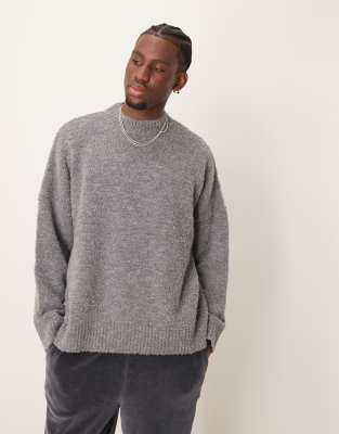 Asos Design Super Oversized Boxy Fit Boucle Knitted Crew Neck Sweater In Gray