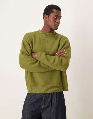 super oversized boxy fit brushed knit crew neck sweater in khaki-Green