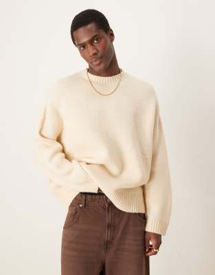 super oversized boxy fit brushed knit crew neck sweater in oatmeal-Neutral