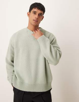 super oversized boxy fit brushed knit crew neck sweater in sage green