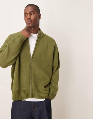 super oversized boxy fit brushed knit zip through cardigan in khaki-Green