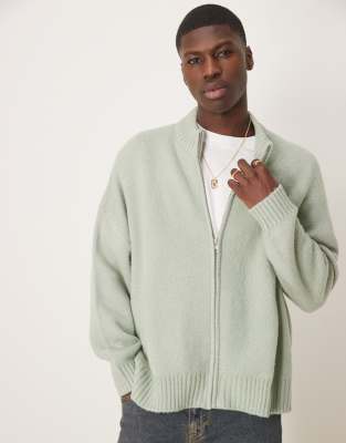 super oversized boxy fit brushed knit zip through cardigan in sage green