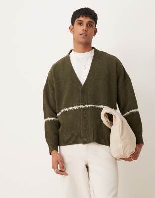 ASOS DESIGN ASOS DESIGN super oversized boxy fit brushed knitted cardigan with blanket stitch stripe in khaki-Green