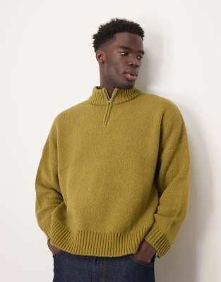 super oversized boxy fit brushed knitted quarter zip sweater in khaki-Green