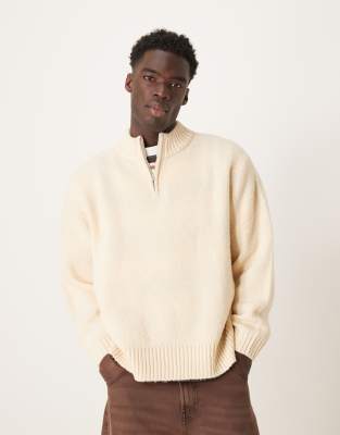 super oversized boxy fit brushed knitted quarter zip sweater in oatmeal-Neutral