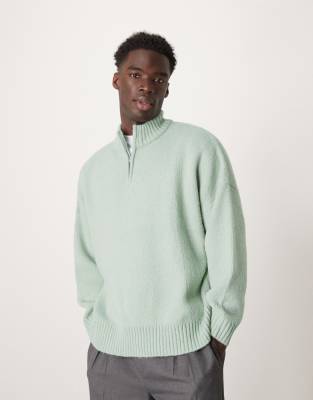 super oversized boxy fit brushed knitted quarter zip sweater in sage green