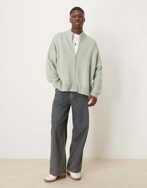 ASOS DESIGN super oversized boxy fit brushed knitted zip through cardigan in sage green