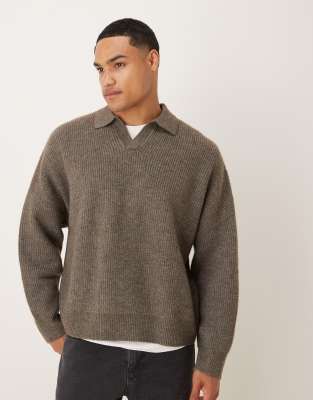Asos Design Super Oversized Boxy Fit Fisherman Rib Knit Notch Neck Sweater In Brown