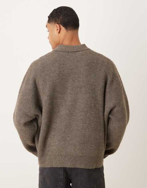 ASOS DESIGN super oversized boxy fit fisherman rib knit notch neck sweater in heathered brown