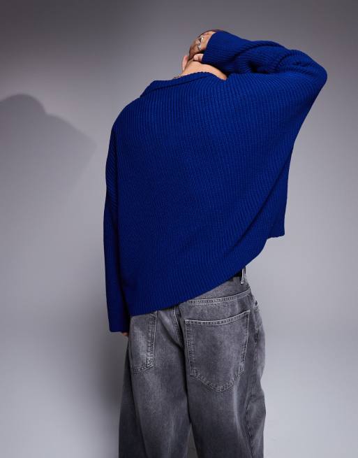 ASOS DESIGN super oversized boxy fit fisherman ribbed knitted notch neck jumper in dark blue, 4 of 4