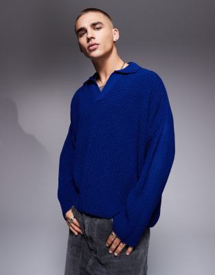 super oversized boxy fit fisherman ribbed knitted notch neck sweater in dark blue-Navy