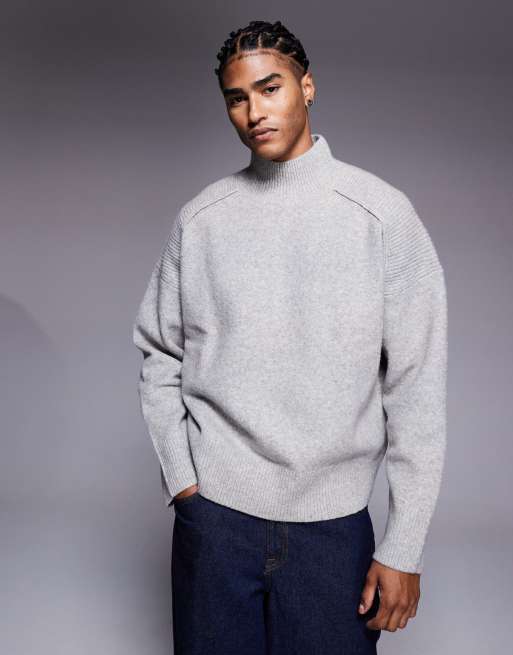 ASOS DESIGN super oversized boxy fit funnel neck knitted wool blend jumper in grey