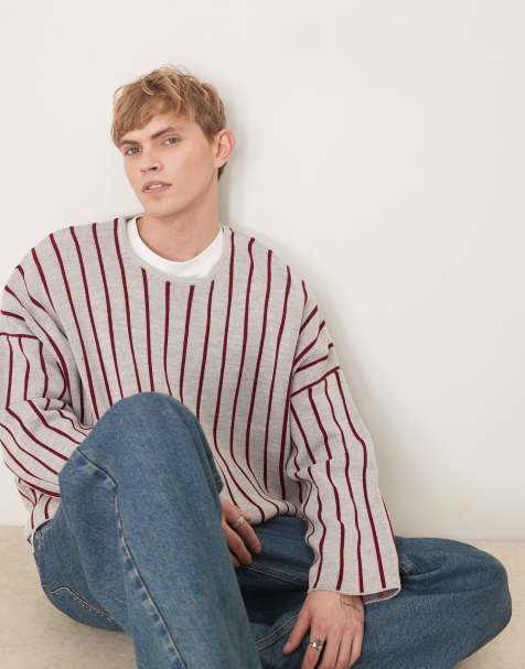 ASOS DESIGN super oversized boxy fit knit crew neck sweater in with stripes in light gray - view 1