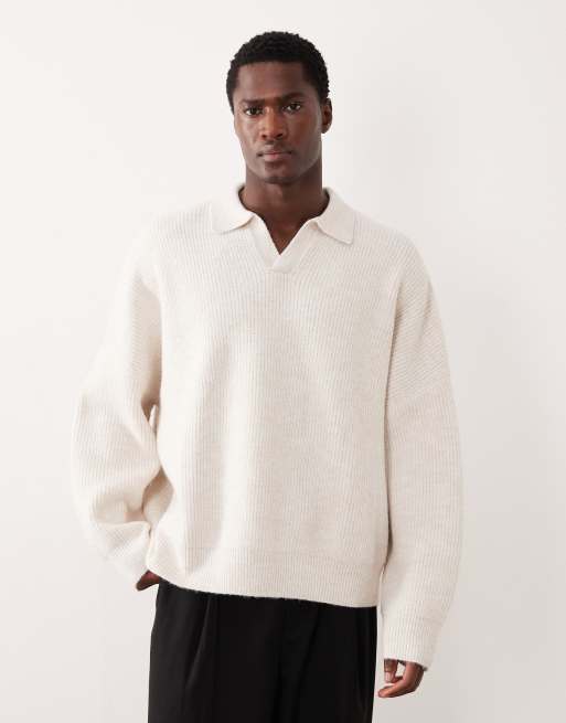 ASOS DESIGN super oversized boxy fit knit fisherman rib notch neck sweater in ecru