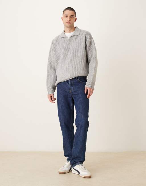 ASOS DESIGN super oversized boxy fit knit fisherman rib notch neck sweater in gray, 2 of 5