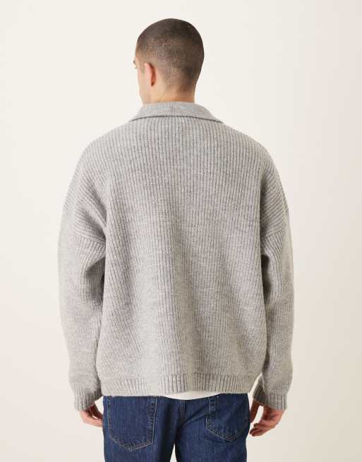 ASOS DESIGN super oversized boxy fit knit fisherman rib notch neck sweater in gray, 3 of 5
