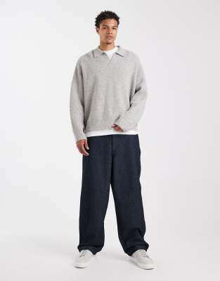 Asos Design Super Oversized Boxy Fit Knit Fisherman Rib Notch Neck Sweater In Gray