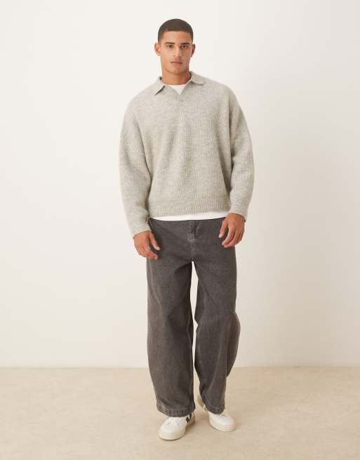 ASOS DESIGN super oversized boxy fit knit fisherman rib notch neck sweater in light gray