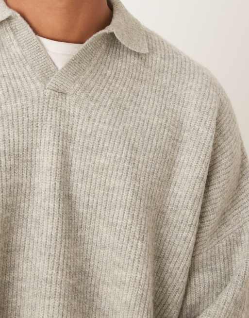 ASOS DESIGN super oversized boxy fit knit fisherman rib notch neck sweater in light gray