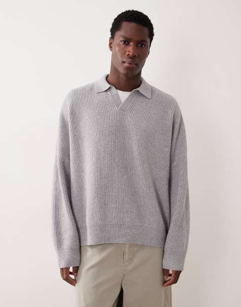 ASOS DESIGN super oversized boxy fit knit fisherman rib notch neck sweater in light gray - view 1