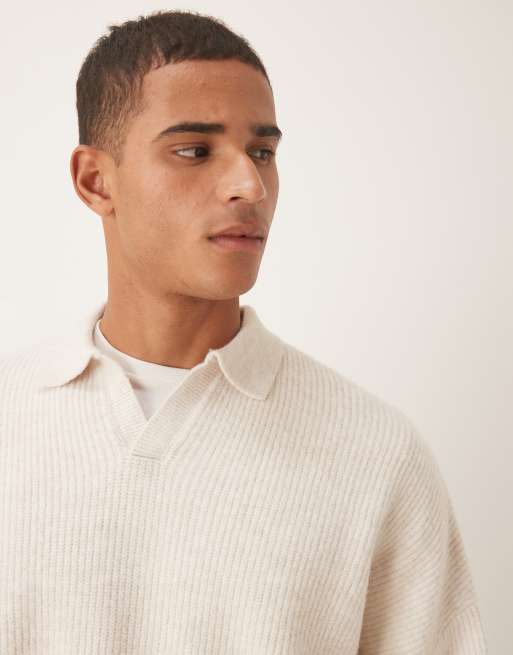 ASOS DESIGN super oversized boxy fit knitted fisherman rib notch neck jumper in oatmeal marl