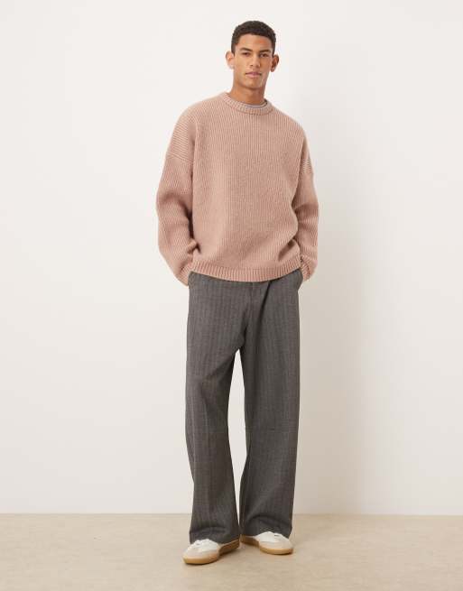 ASOS DESIGN super oversized boxy fit knit fisherman rib sweater in light pink, 2 of 5