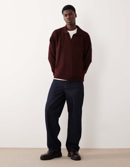ASOS DESIGN super oversized boxy fit knit notch neck polo shirt in burgundy