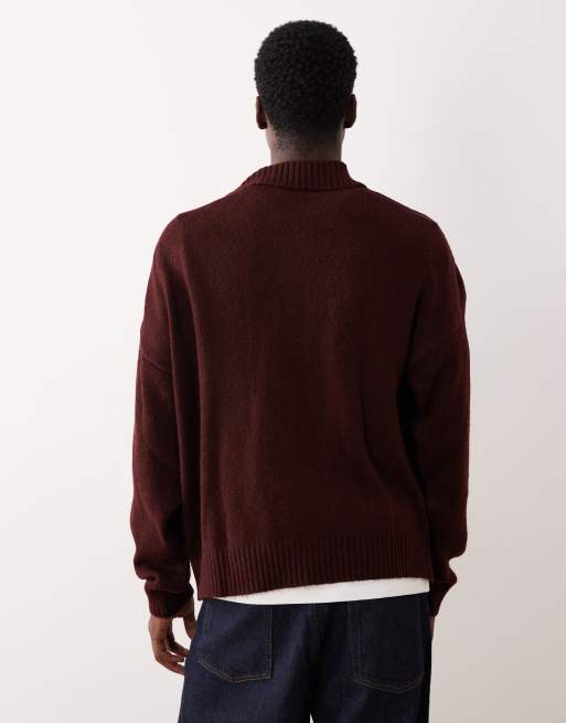ASOS DESIGN super oversized boxy fit knit notch neck polo shirt in burgundy