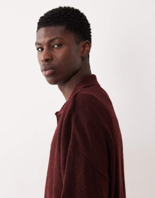 ASOS DESIGN super oversized boxy fit knit notch neck polo shirt in burgundy