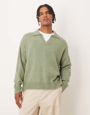 Asos Design Super Oversized Boxy Fit Knit Notch Neck Polo Shirt In Green