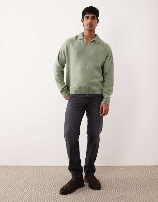 ASOS DESIGN super oversized boxy fit knit notch neck polo shirt in heathered sage green