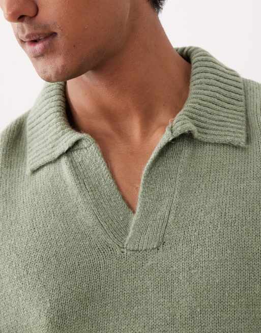 ASOS DESIGN super oversized boxy fit knit notch neck polo shirt in heathered sage green