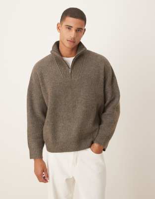 Asos Design Super Oversized Boxy Fit Knit Rib Funnel Neck Sweater In Brown