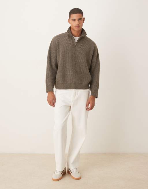 ASOS DESIGN super oversized boxy fit knit rib funnel neck sweater in brown heather